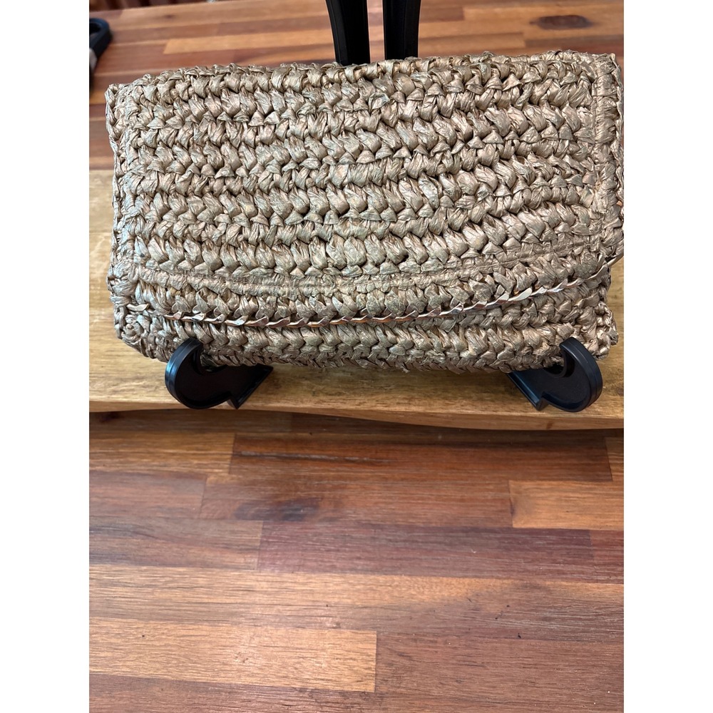 H&M Clutch Bag Women OS Gold Good Woven Metallic Chain Trim Raffia Style